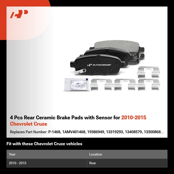 4 Pcs Rear Ceramic Brake Pads with Sensor for 2010-2015 Chevrolet Cruze