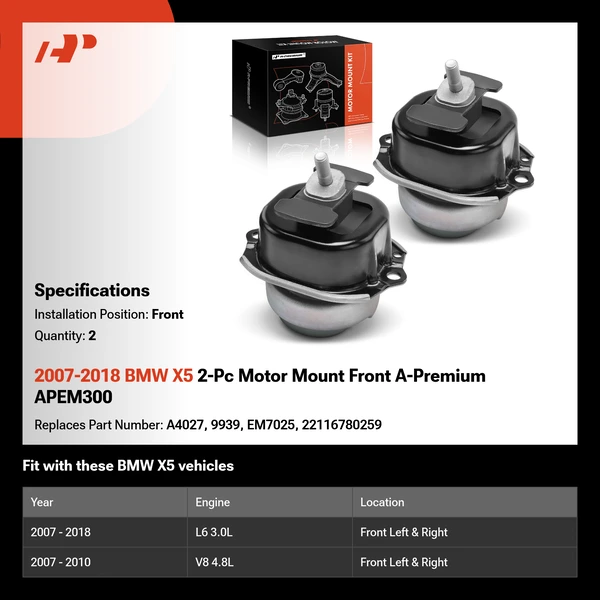2007-2018 BMW X5 2-Pc Motor Mount Front A-Premium APEM300