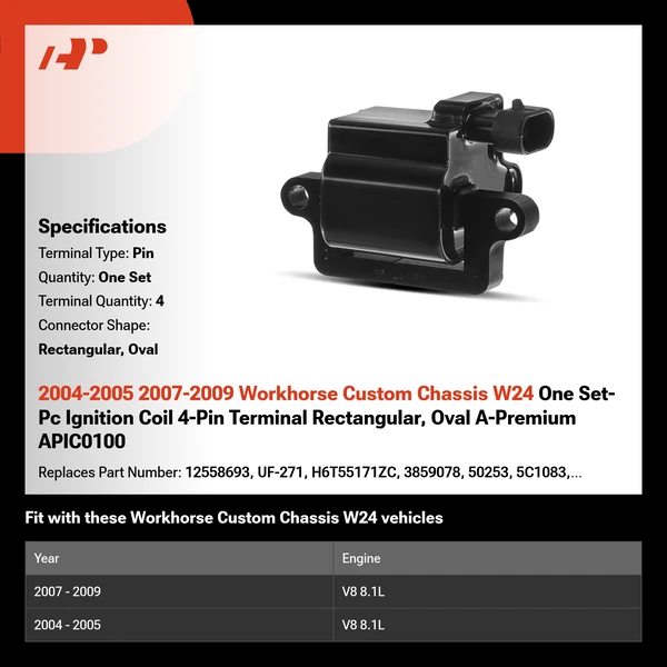2004-2005 2007-2009 Workhorse Custom Chassis W24 One Set-Pc Ignition Coil 4-Pin Terminal Rectangular, Oval A-Premium APIC0100