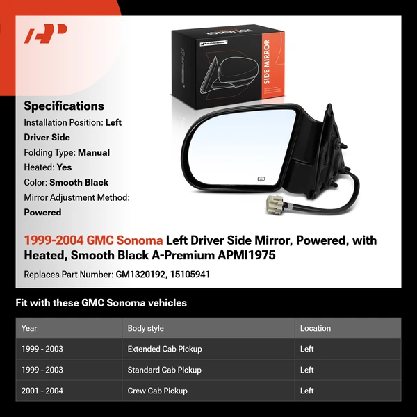 1999-2004 GMC Sonoma Left Driver Side Mirror, Powered, with Heated, Smooth Black A-Premium APMI1975