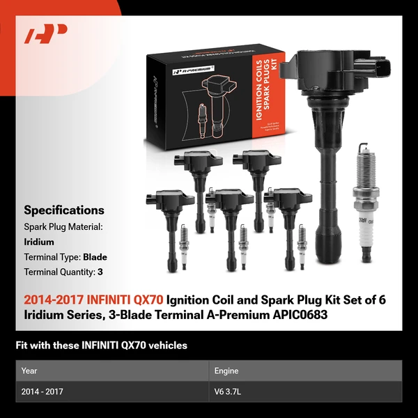 2014-2017 INFINITI QX70 Ignition Coil and Spark Plug Kit Set of 12 Iridium Series, 3-Blade Terminal A-Premium APIC0683