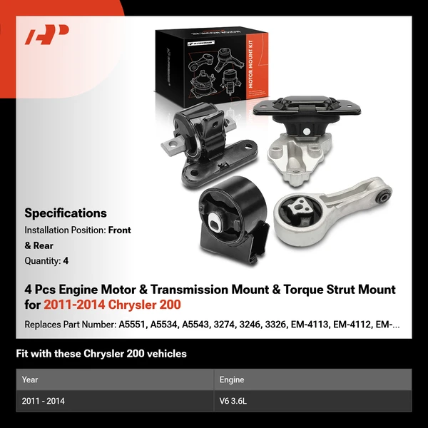 4 Pcs Engine Motor & Transmission Mount & Torque Strut Mount for 2011-2014 Chrysler 200