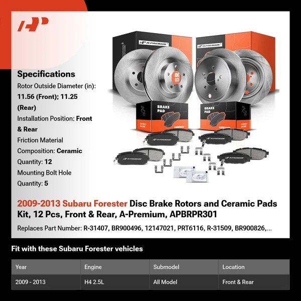 2009-2013 Subaru Forester Disc Brake Rotors and Ceramic Pads Kit, 12 Pcs, Front & Rear, A-Premium, APBRPR301