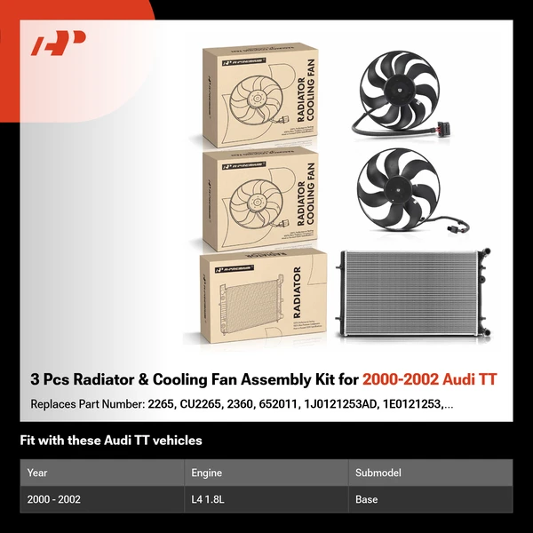 3 Pcs Radiator & Cooling Fan Assembly Kit for 2000-2002 Audi TT
