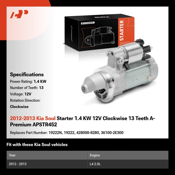 2012-2013 Kia Soul Starter 1.4 KW 12V Clockwise 13 Teeth A-Premium APSTR452