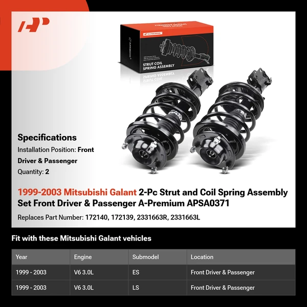 1999-2003 Mitsubishi Galant 2-Pc Strut and Coil Spring Assembly Set Front Driver & Passenger A-Premium APSA0371