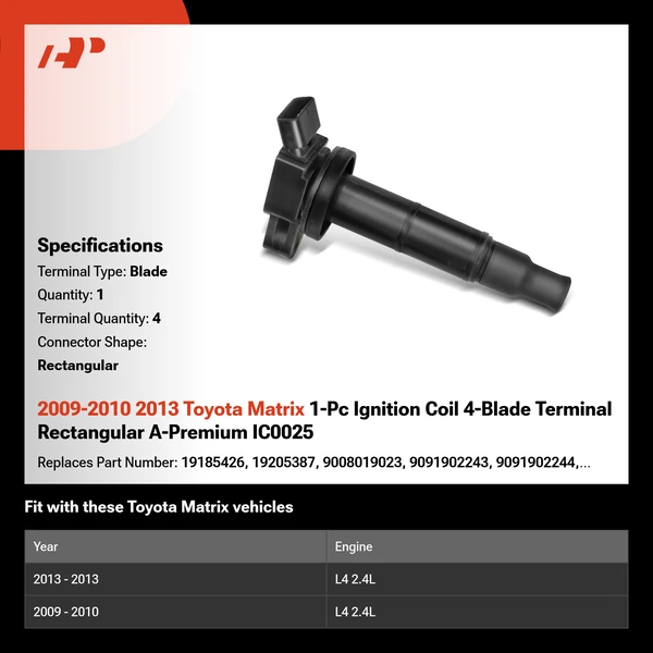 2009-2010 2013 Toyota Matrix 1-Pc Ignition Coil 4-Blade Terminal Rectangular A-Premium IC0025