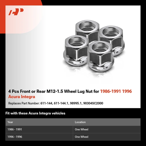 4 Pcs Front or Rear M12-1.5 Wheel Lug Nut for 1986-1991 1996 Acura Integra