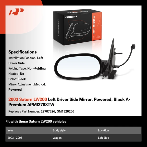 2003 Saturn LW200 Left Driver Side Mirror, Powered, Black A-Premium APMI2788TW