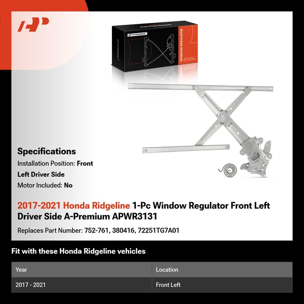 2017-2021 Honda Ridgeline 1-Pc Window Regulator Front Left Driver Side A-Premium APWR3131