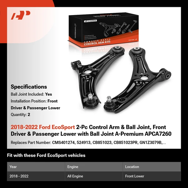 2018-2022 Ford EcoSport 2-Pc Control Arm & Ball Joint, Front Driver & Passenger Lower with Ball Joint A-Premium APCA7260