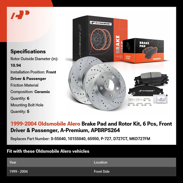 1999-2004 Oldsmobile Alero Brake Pad and Rotor Kit, 6 Pcs, Front Driver & Passenger, A-Premium, APBRPS264
