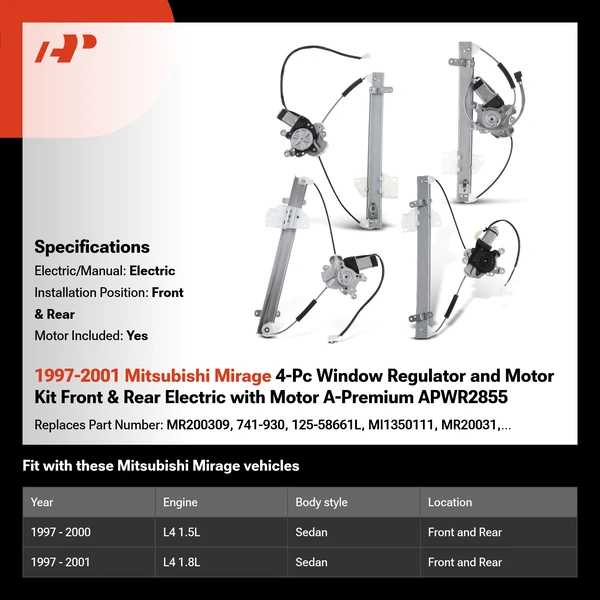 1997-2001 Mitsubishi Mirage 4-Pc Window Regulator and Motor Kit Front & Rear Electric with Motor A-Premium APWR2855