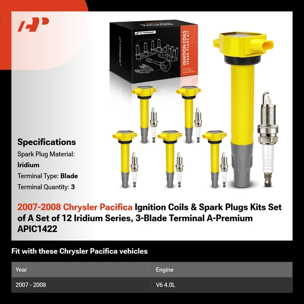 2007-2008 Chrysler Pacifica Ignition Coils & Spark Plugs Kits Set of A Set of 12 Iridium Series, 3-Blade Terminal A-Premium APIC1422