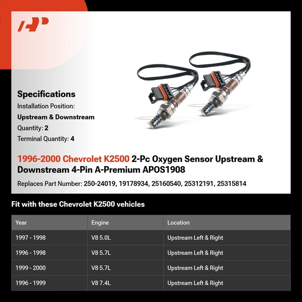 1996-2000 Chevrolet K2500 2-Pc Oxygen Sensor Upstream & Downstream 4-Pin A-Premium APOS1908