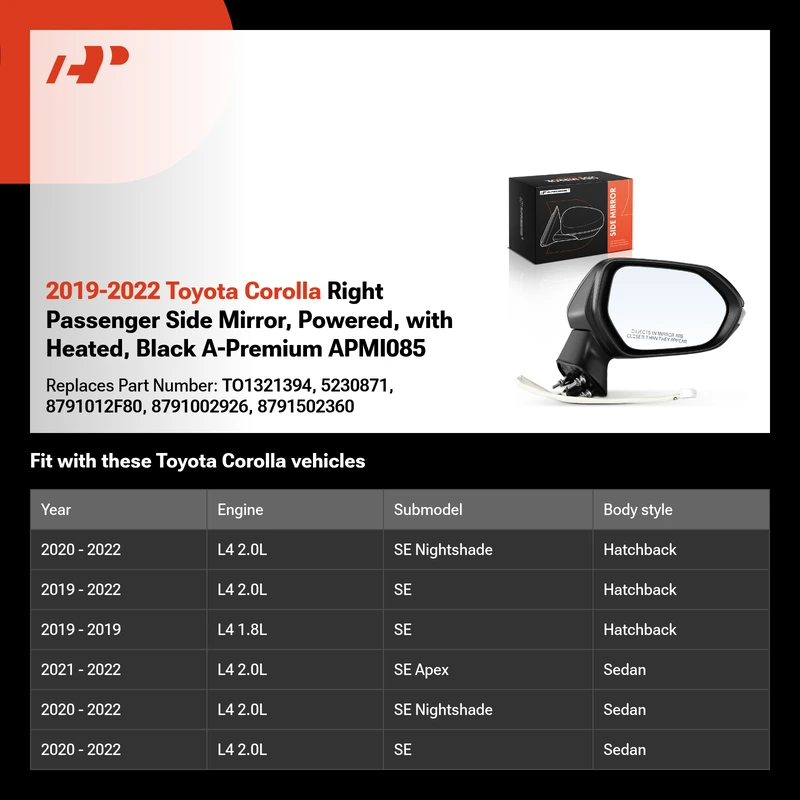 2019-2022 Toyota Corolla Right Passenger Side Mirror, Powered, with Heated, Black A-Premium APMI085