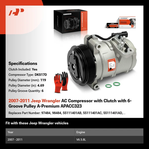 2007-2011 Jeep Wrangler AC Compressor with Clutch with 6-Groove Pulley A-Premium APACC323