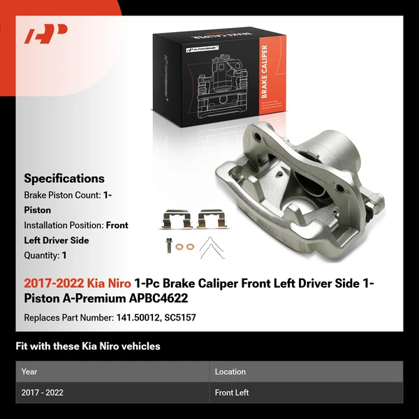 2017-2022 Kia Niro 1-Pc Brake Caliper Front Left Driver Side 1-Piston A-Premium APBC4622