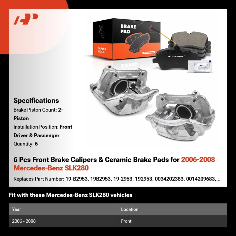 6 Pcs Front Brake Calipers & Ceramic Brake Pads for 2006-2008 Mercedes-Benz SLK280