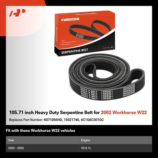 105.71 inch Heavy Duty Serpentine Belt for 2002 Workhorse W22