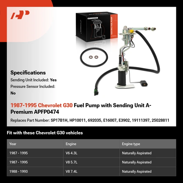 1987-1995 Chevrolet G30 Fuel Pump with Sending Unit A-Premium APFP0474