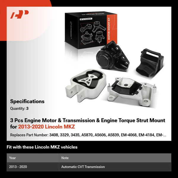 3 Pcs Engine Motor & Transmission & Engine Torque Strut Mount for 2013-2020 Lincoln MKZ