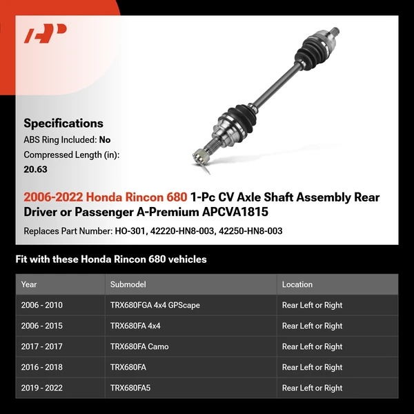 2006-2022 Honda Rincon 680 1-Pc CV Axle Shaft Assembly Rear Driver or Passenger A-Premium APCVA1815
