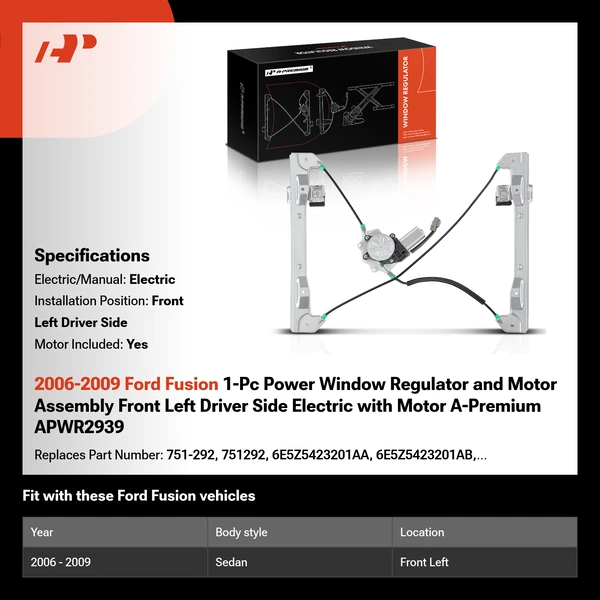 2006-2009 Ford Fusion 1-Pc Power Window Regulator and Motor Assembly Front Left Driver Side Electric with Motor A-Premium APWR2939