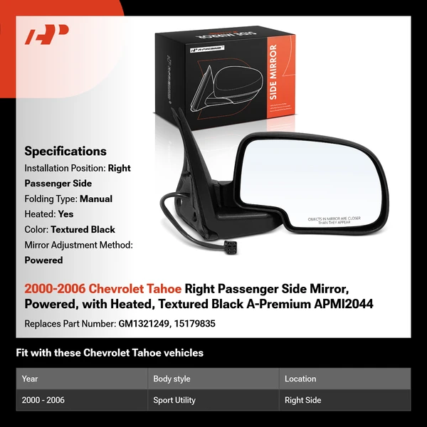 2000-2006 Chevrolet Tahoe Right Passenger Side Mirror, Powered, with Heated, Textured Black A-Premium APMI2044