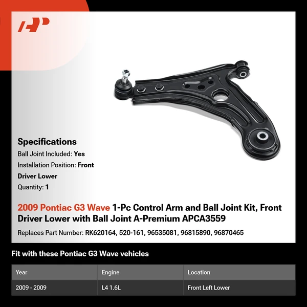 2009 Pontiac G3 Wave 1-Pc Control Arm and Ball Joint Kit, Front Driver Lower with Ball Joint A-Premium APCA3559