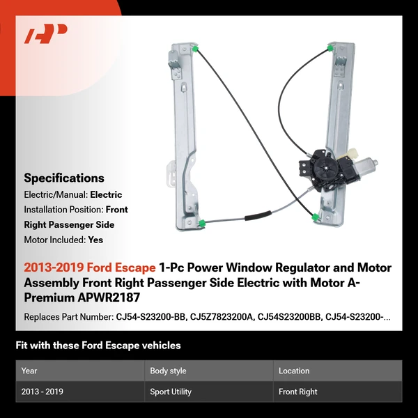 2013-2019 Ford Escape 1-Pc Power Window Regulator and Motor Assembly Front Right Passenger Side Electric with Motor A-Premium APWR2187