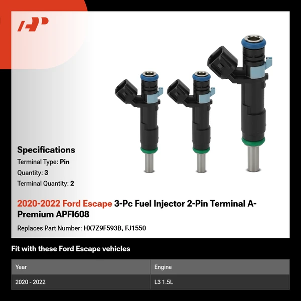 2020-2022 Ford Escape 3-Pc Fuel Injector 2-Pin Terminal A-Premium APFI608