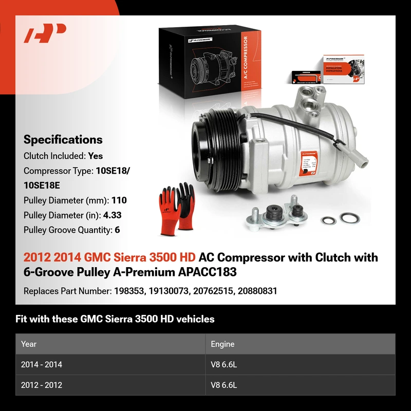 2012 2014 GMC Sierra 3500 HD AC Compressor with Clutch with 6-Groove Pulley A-Premium APACC183