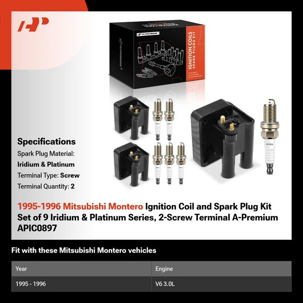 1995-1996 Mitsubishi Montero Ignition Coil and Spark Plug Kit Set of 9 Iridium & Platinum Series, 2-Screw Terminal A-Premium APIC0897