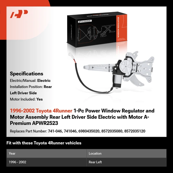 1996-2002 Toyota 4Runner 1-Pc Power Window Regulator and Motor Assembly Rear Left Driver Side Electric with Motor A-Premium APWR2523