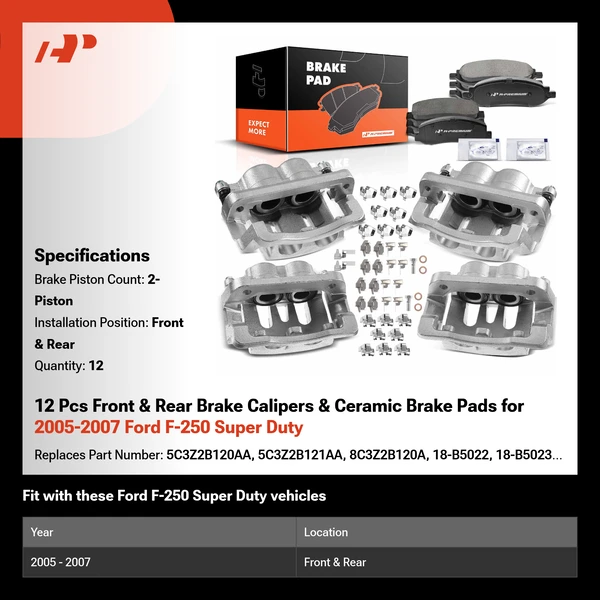 12 Pcs Front & Rear Brake Calipers & Ceramic Brake Pads for 2005-2007 Ford F-250 Super Duty