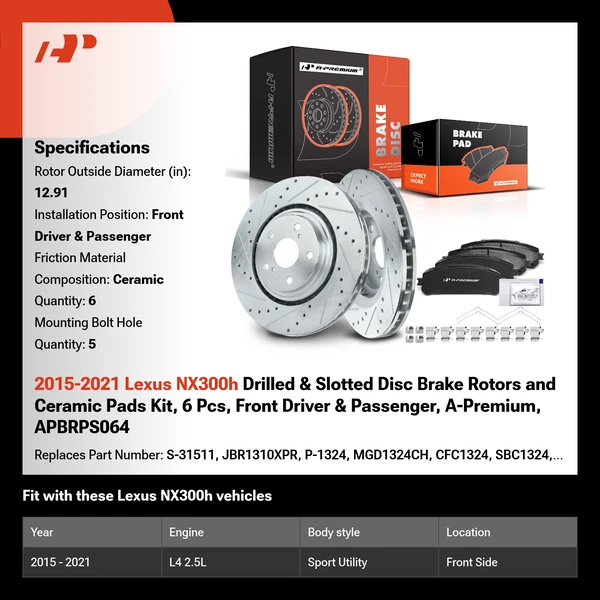 2015-2021 Lexus NX300h Drilled & Slotted Disc Brake Rotors and Ceramic Pads Kit, 6 Pcs, Front Driver & Passenger, A-Premium, APBRPS064