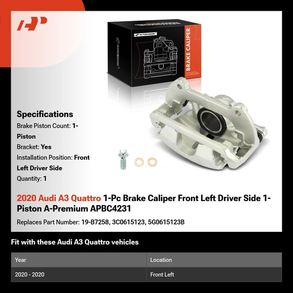 2020 Audi A3 Quattro 1-Pc Brake Caliper Front Left Driver Side 1-Piston A-Premium APBC4231