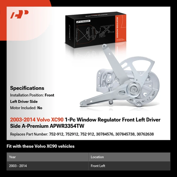 2003-2014 Volvo XC90 1-Pc Window Regulator Front Left Driver Side A-Premium APWR3354TW