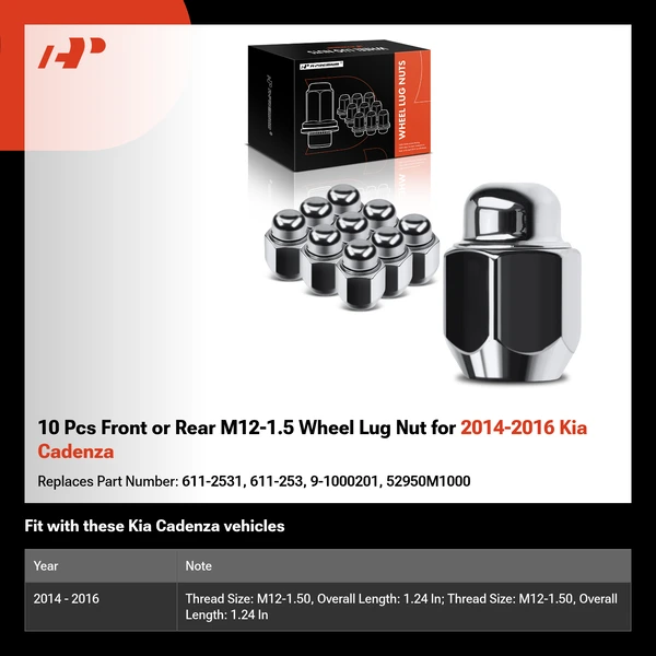 10 Pcs Front or Rear M12-1.5 Wheel Lug Nut for 2014-2016 Kia Cadenza