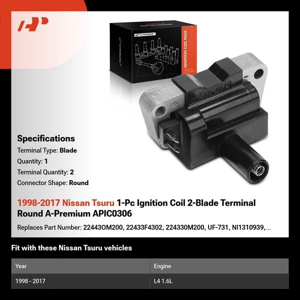1998-2017 Nissan Tsuru One Set-Pc Ignition Coil 2-Blade Terminal Round A-Premium APIC0306