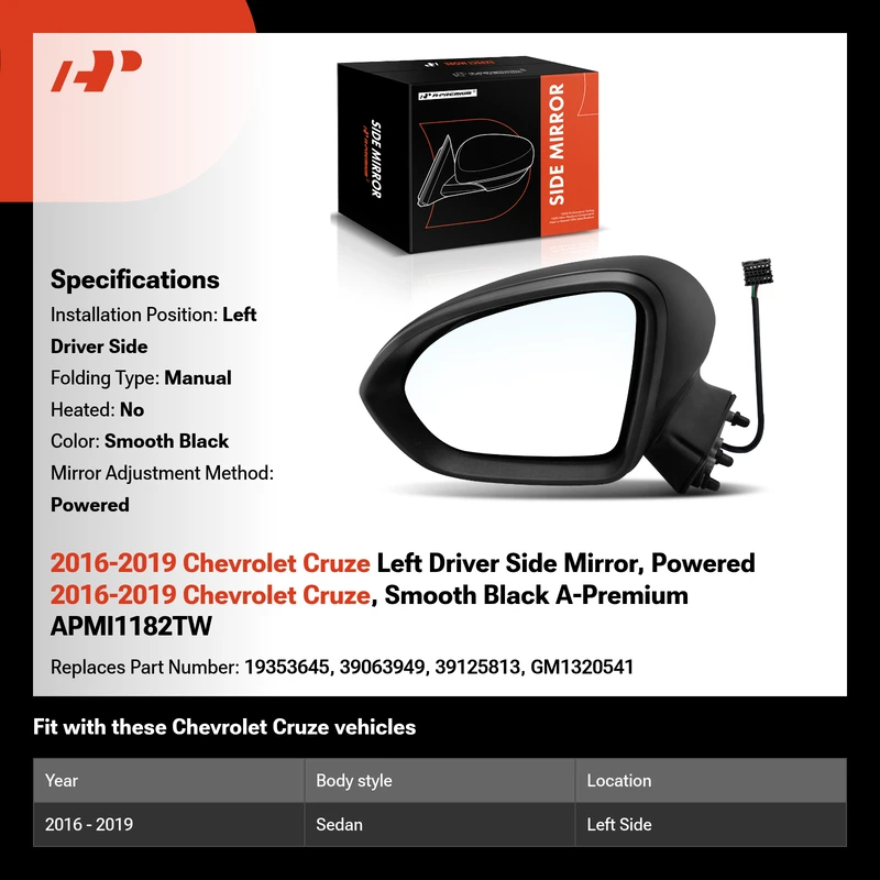 2016-2019 Chevrolet Cruze Left Driver Side Mirror, Powered 2016-2019 Chevrolet Cruze, Smooth Black A-Premium APMI1182TW