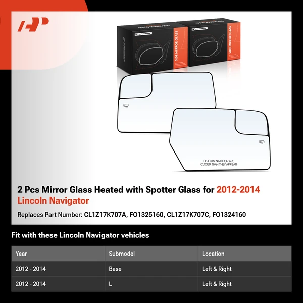2 Pcs Mirror Glass Heated with Spotter Glass for 2012-2014 Lincoln Navigator