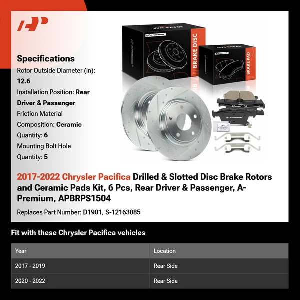 2017-2022 Chrysler Pacifica Drilled & Slotted Disc Brake Rotors and Ceramic Pads Kit, 6 Pcs, Rear Driver & Passenger, A-Premium, APBRPS1504