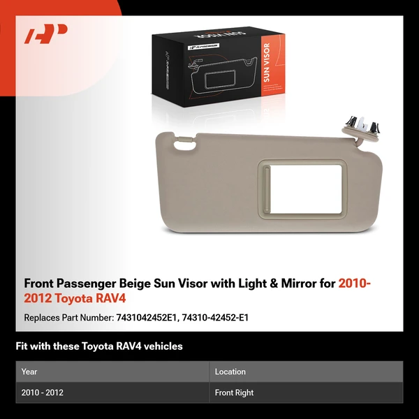 Front Passenger Beige Sun Visor with Light & Mirror for 2010-2012 Toyota RAV4