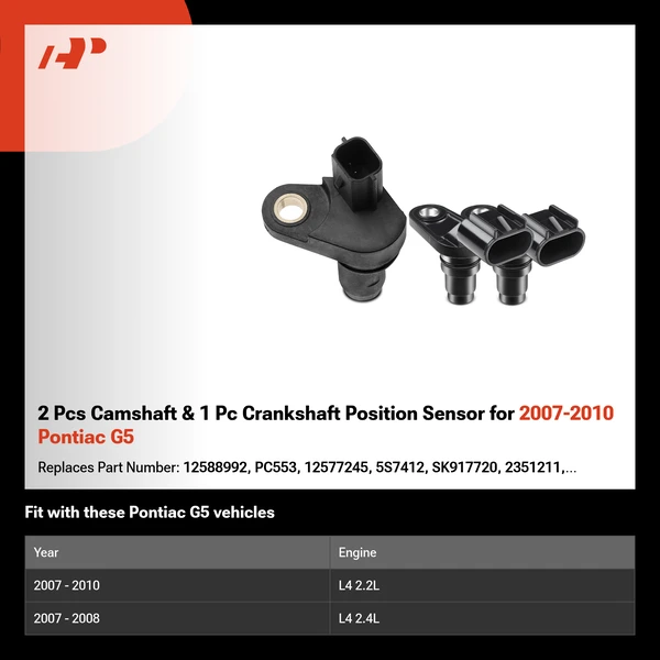 2 Pcs Camshaft & 1 Pc Crankshaft Position Sensor for 2007-2010 Pontiac G5