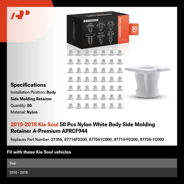 2010-2018 Kia Soul 50 Pcs Nylon White Body Side Molding Retainer A-Premium APRCF944
