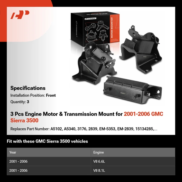 3 Pcs Engine Motor & Transmission Mount for 2001-2006 GMC Sierra 3500