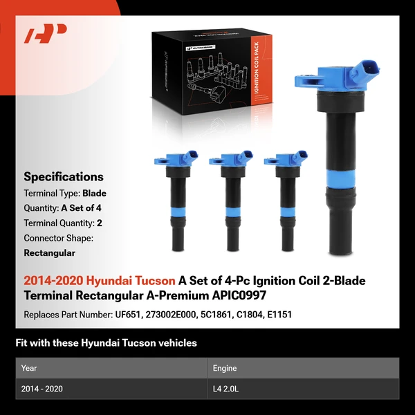 2014-2020 Hyundai Tucson A Set of 4-Pc Ignition Coil 2-Blade Terminal Rectangular A-Premium APIC0997