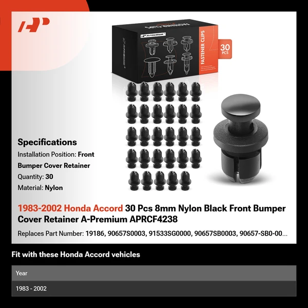 1983-2002 Honda Accord 30 Pcs 8mm Nylon Black Front Bumper Cover Retainer A-Premium APRCF4238